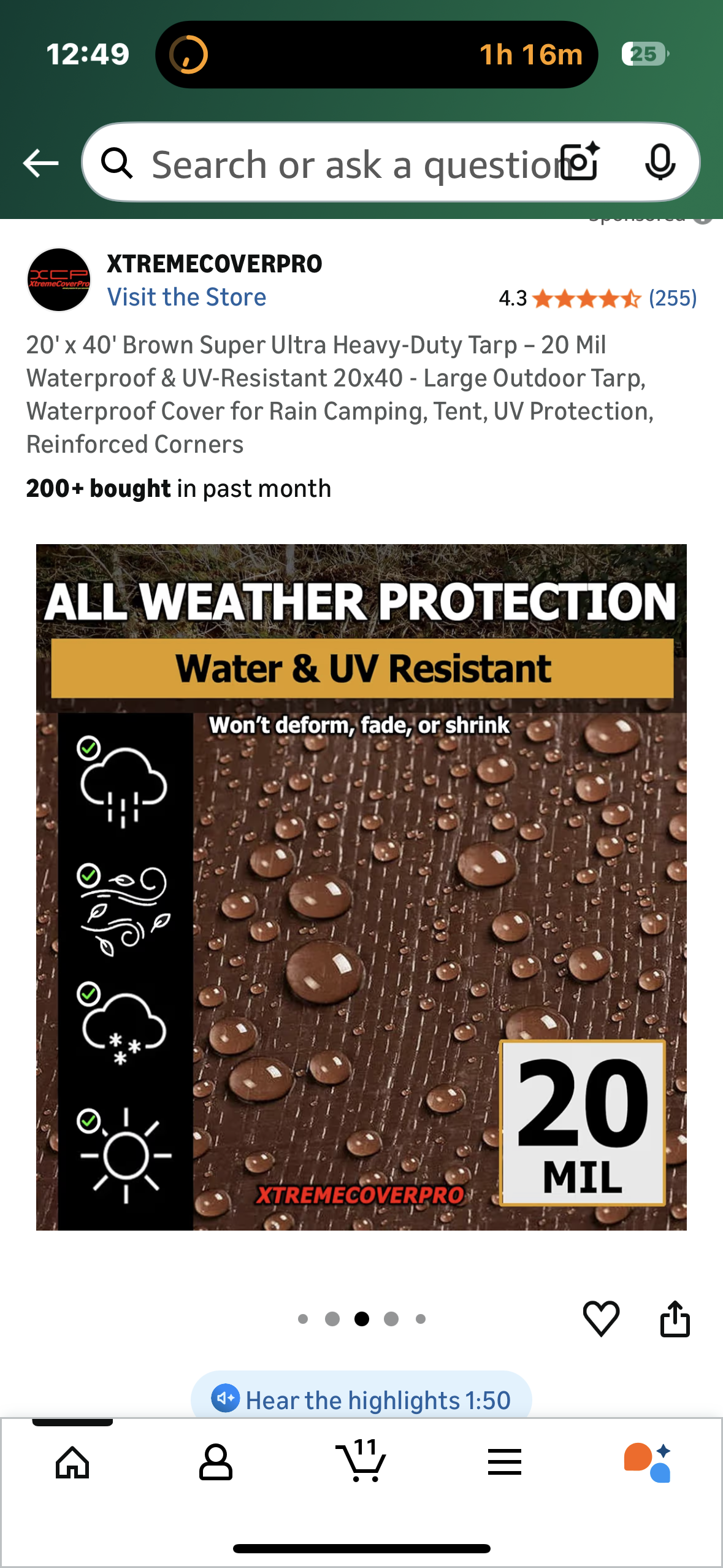 20'x 40' Brown Super Ultra Heavy-Duty Tarp - 20 Mil Waterproof & UV-Resistant 20x40 - Large Outdoor Tarp, Waterproof Cover for Rain Camping, Tent, UV Protection, Reinforced Corners (G900)