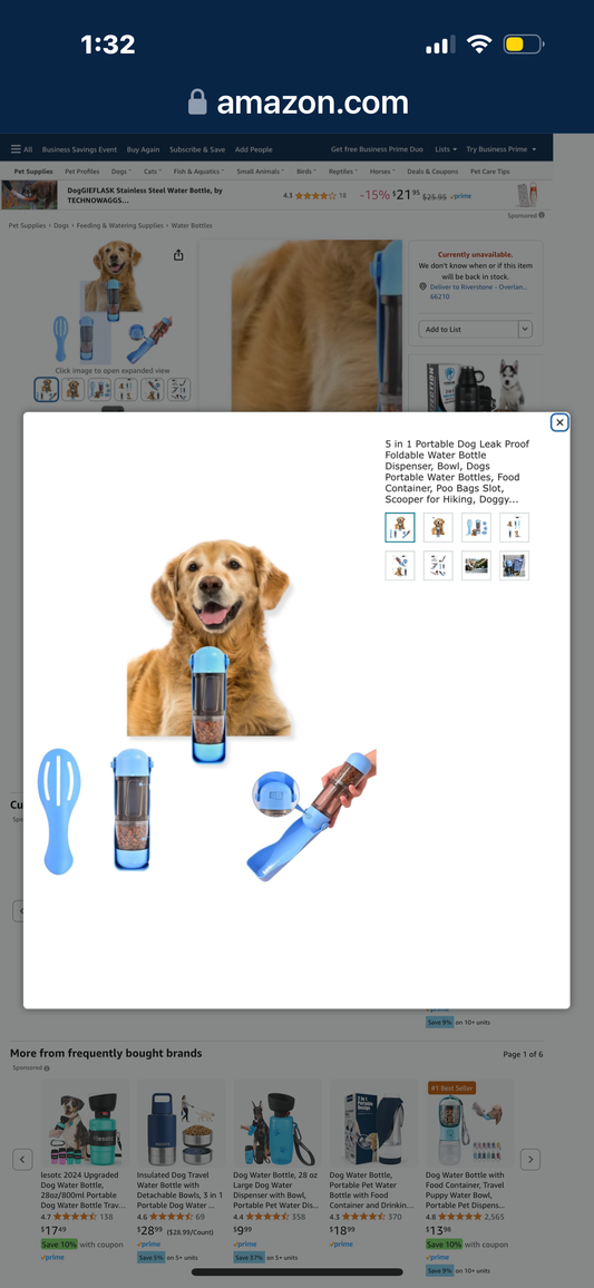 5 in 1 Portable Dog Leak Proof Foldable Water Bottle Dispenser, Bowl, Dogs Portable Water Bottles, Food Container, Poo Bags Slot, Scooper for Hiking, Doggy Walking and Travel, All Pet use (17OZ Blue)