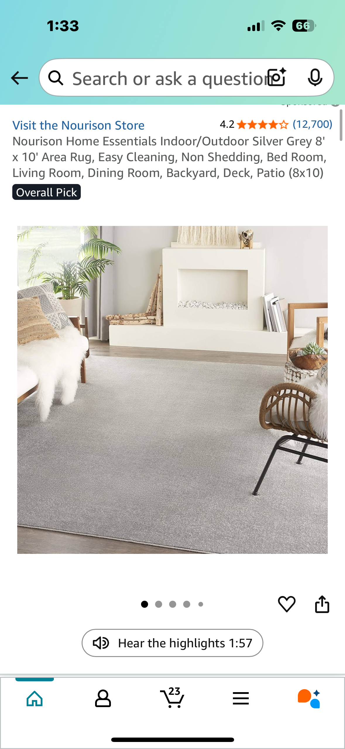 Nourison Home Essentials Indoor/Outdoor Silver Grey 8' x 10' Area Rug, Easy Cleaning, Non Shedding, Bed Room, Living Room, Dining Room, Backyard, Deck, Patio (8x10) (L971)