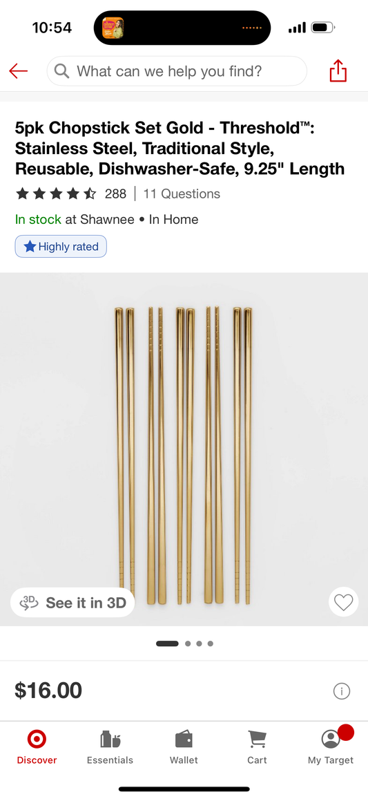 5pk Chopstick Set Gold - Threshold': Stainless Steel, Traditional Style, Reusable, Dishwasher-Safe, 9.25" Length