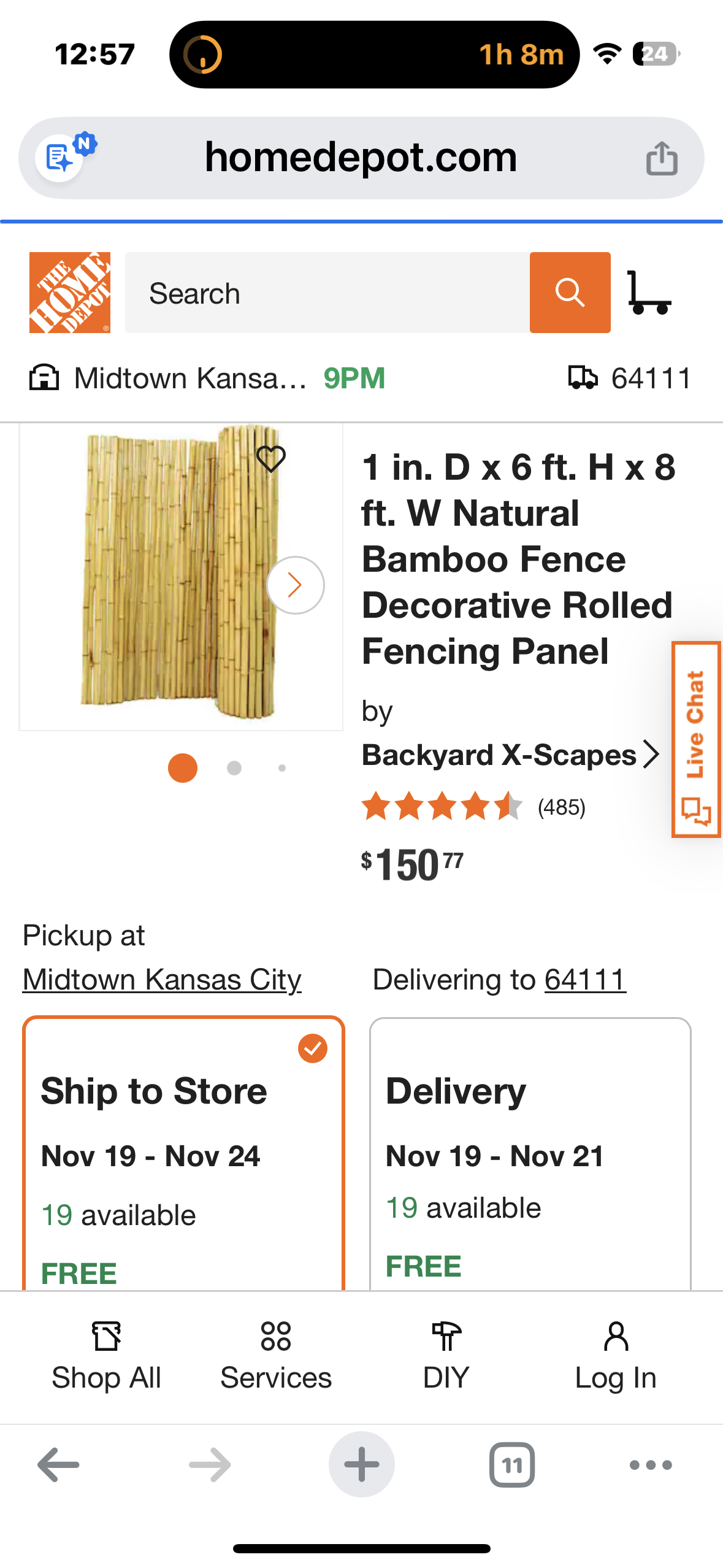 Backyard X-Scapes Natural Bamboo Fencing Decorative Rolled Fence Panel,  (1 in. D x 6 ft. H x 8 ft. Long) (G901)