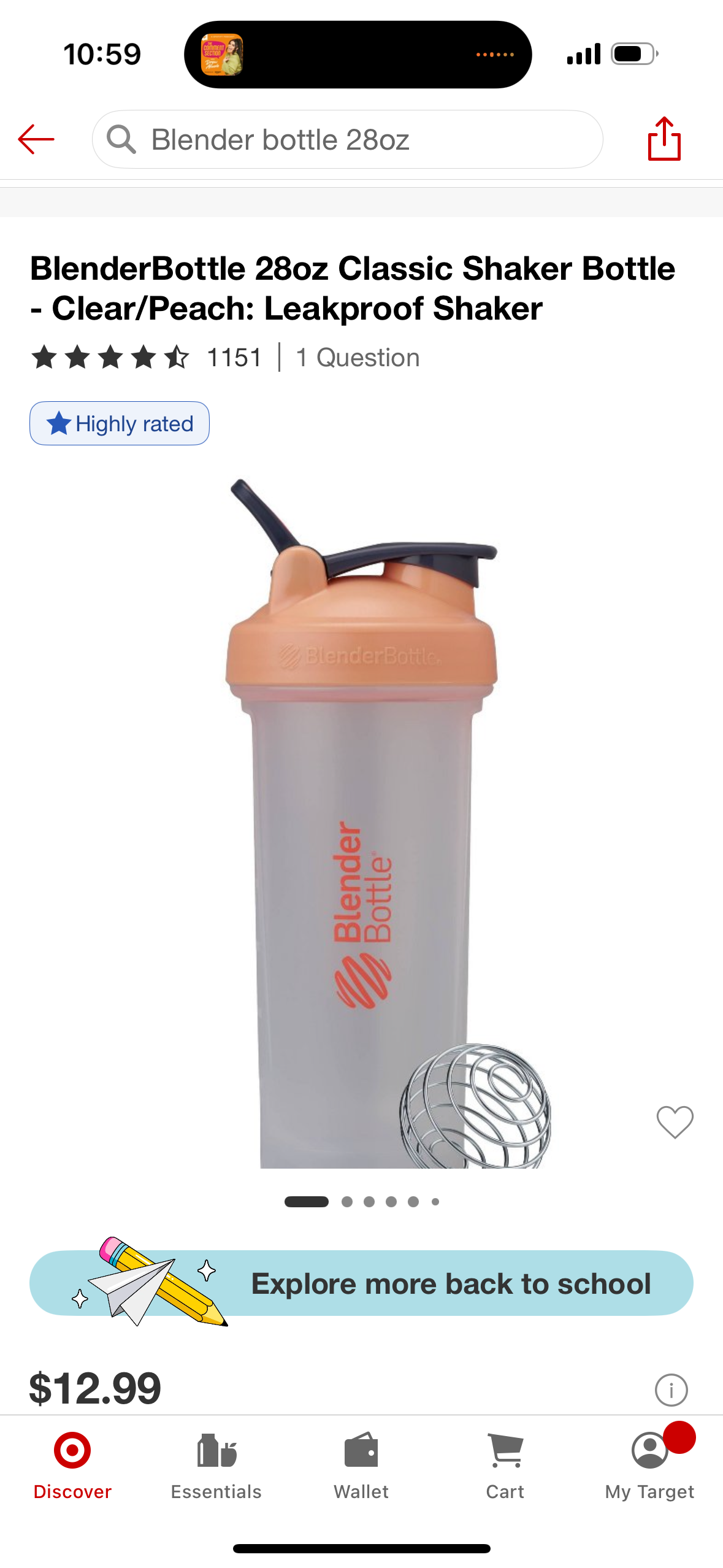 BlenderBottle 28oz Classic Shaker Bottle - Clear/Peach: Leakproof Shaker
