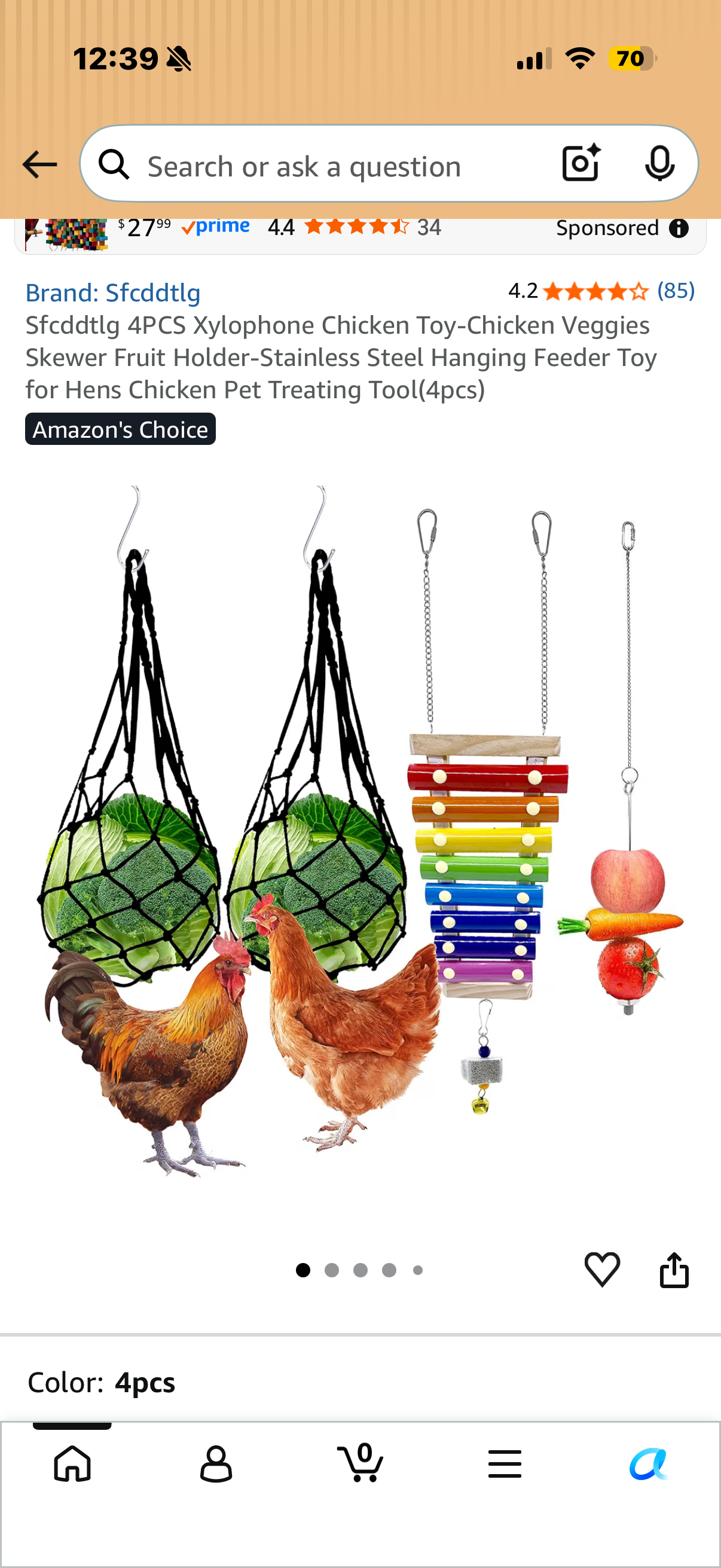 4PCS Xylophone Chicken Toy-Chicken Veggies Skewer Fruit Holder-Stainless Steel Hanging Feeder Toy for Hens Chicken Pet Treating Tool(4pcs