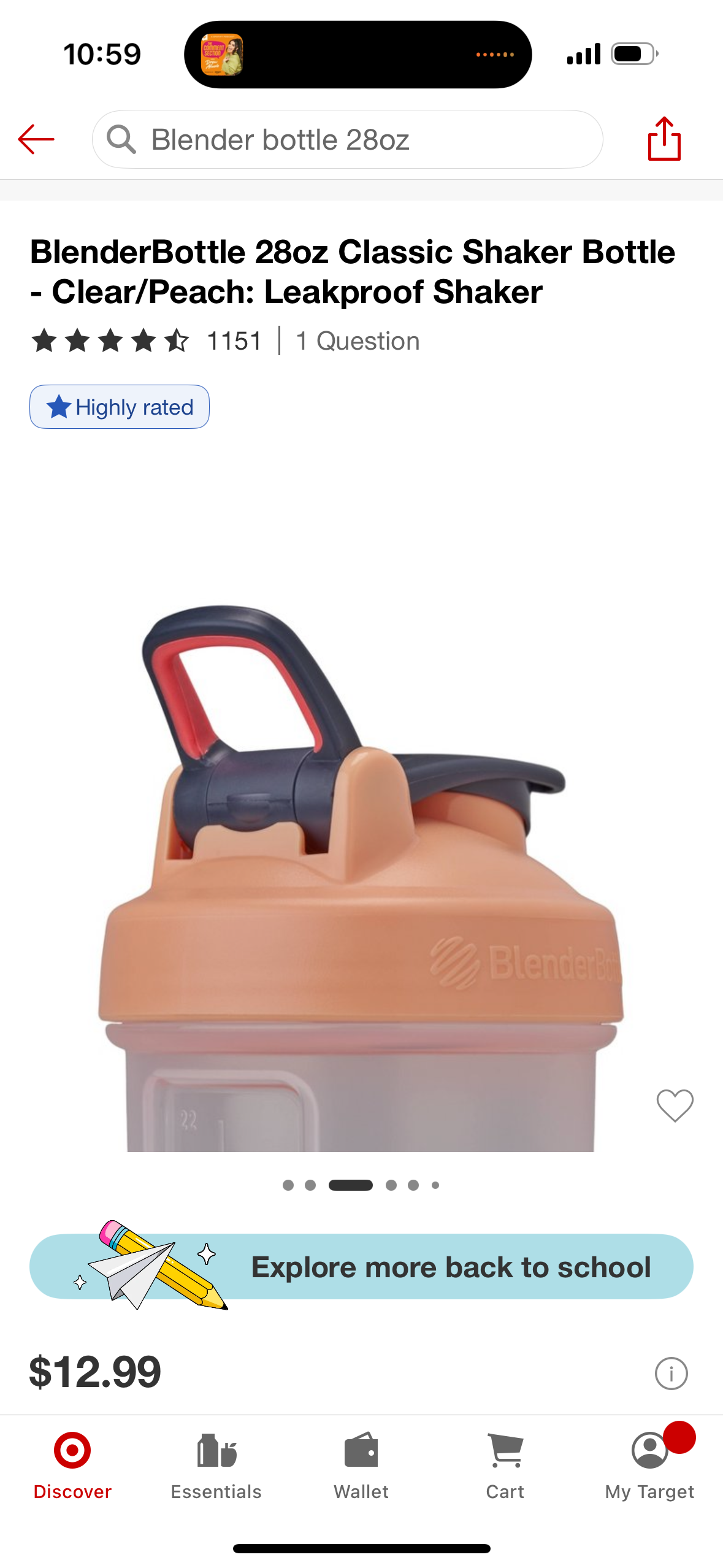 BlenderBottle 28oz Classic Shaker Bottle - Clear/Peach: Leakproof Shaker