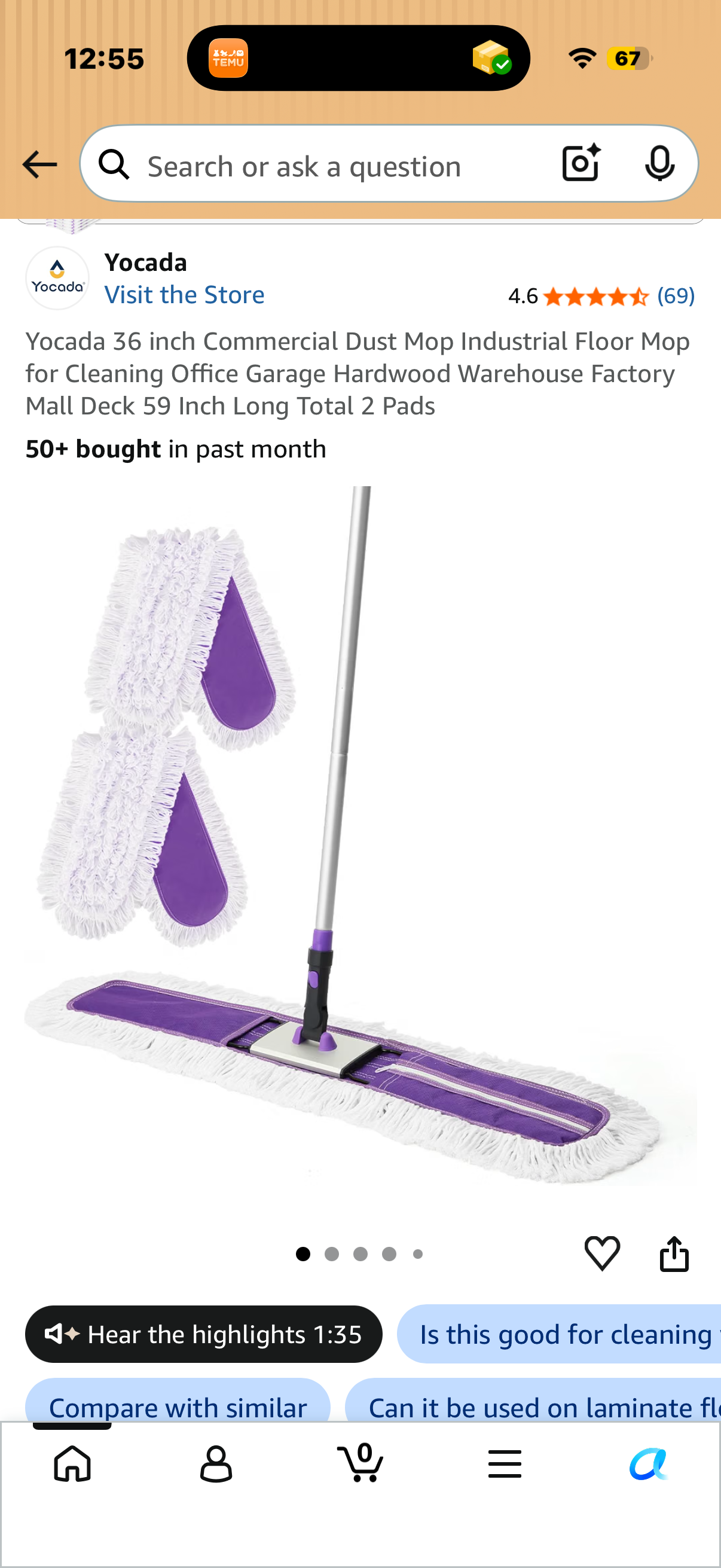 Yocada 36 inch Commercial Dust Mop Industrial Floor Mop for Cleaning Office Garage Hardwood Warehouse Factory Mall Deck 59 Inch Long Total 2 Pads