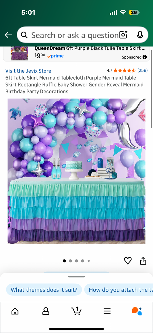 6ft Table Skirt Mermaid Tablecloth Purple Mermaid Table Skirt Rectangle Ruffle Baby Shower Gender Reveal Mermaid Birthday Party Decorations