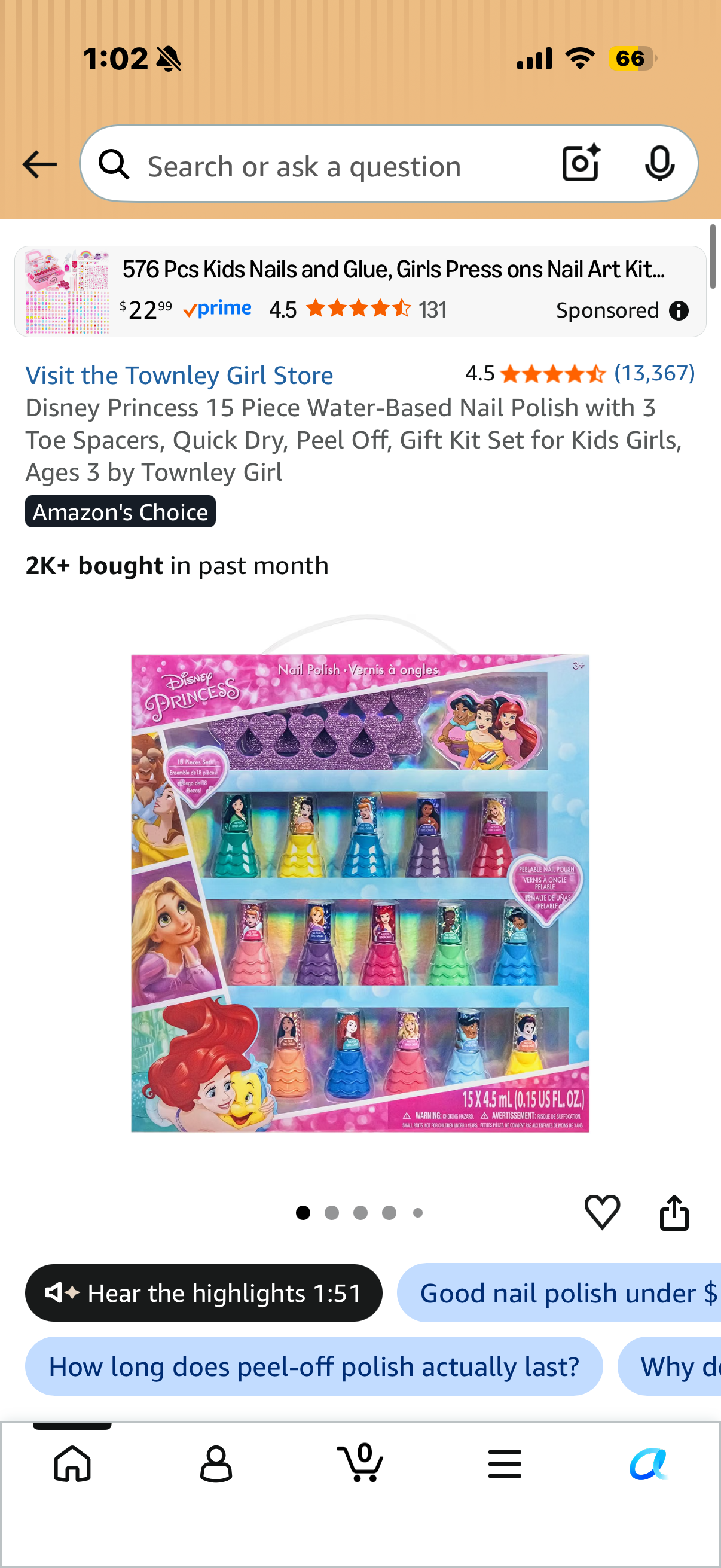 Disney Princess 15 Piece Water-Based Nail Polish with 3 Toe Spacers, Quick Dry, Peel Off, Gift Kit Set for Kids Girls, Ages 3 by Townley Girl