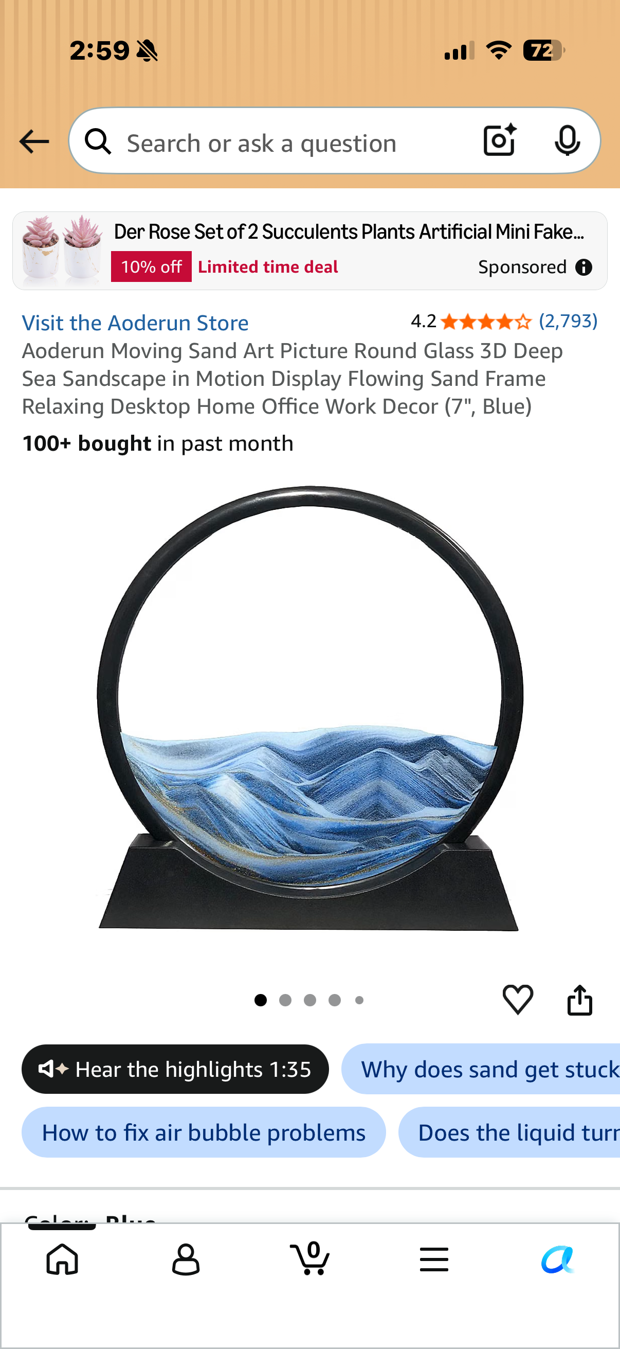 Aoderun Moving Sand Art Picture Round Glass 3D Deep Sea Sandscape in Motion Display Flowing Sand Frame Relaxing Desktop Home Office Work Decor (7", Blue