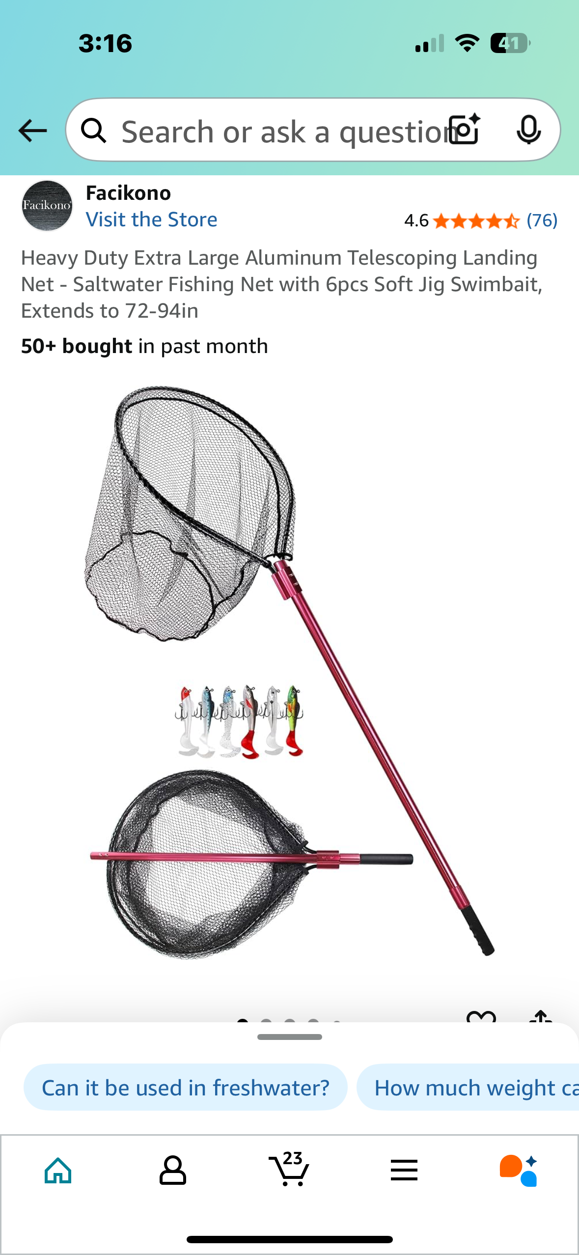 Heavy Duty Extra Large Aluminum Telescoping Landing Net - Saltwater Fishing Net with 6pcs Soft Jig Swimbait, Extends to 72-94in (W493)