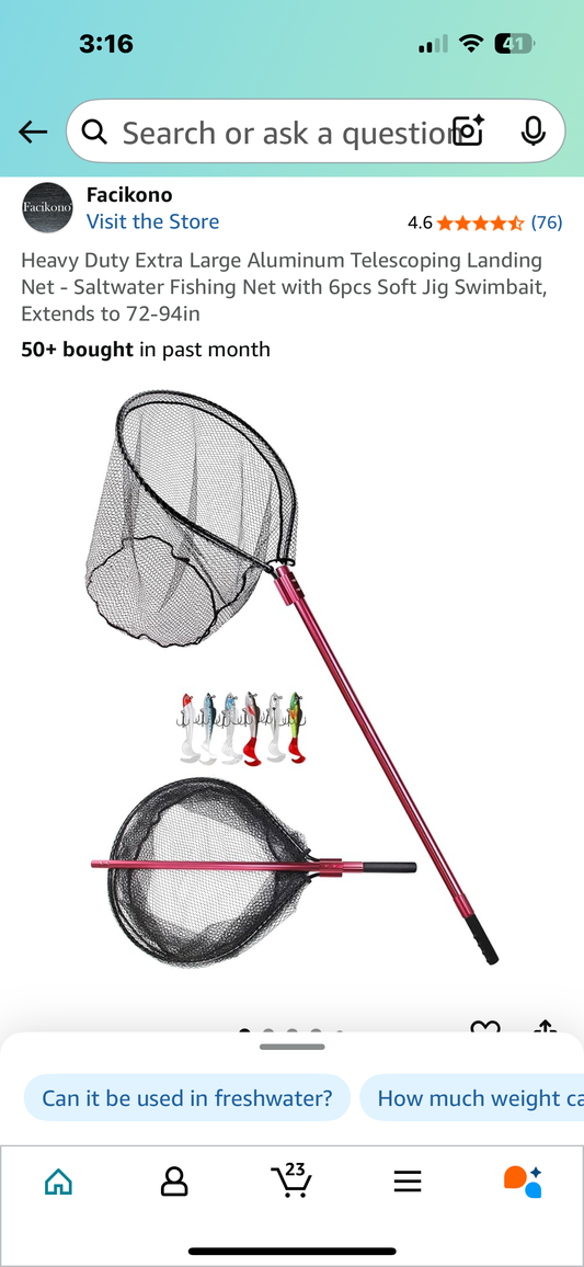 Heavy Duty Extra Large Aluminum Telescoping Landing Net - Saltwater Fishing Net with 6pcs Soft Jig Swimbait, Extends to 72-94in (W493)