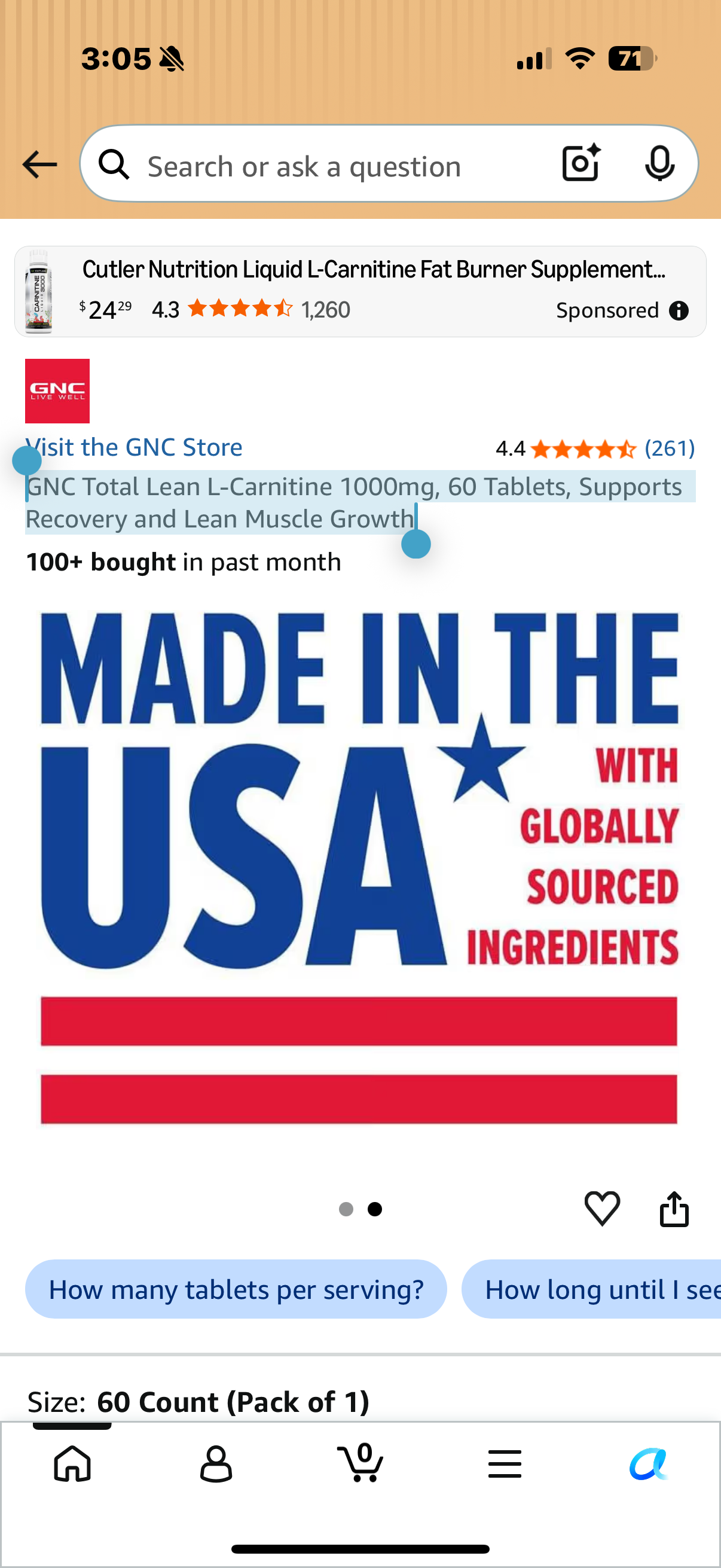 GNC Total Lean L-Carnitine 1000mg, 60 Tablets, Supports Recovery and Lean Muscle Growth