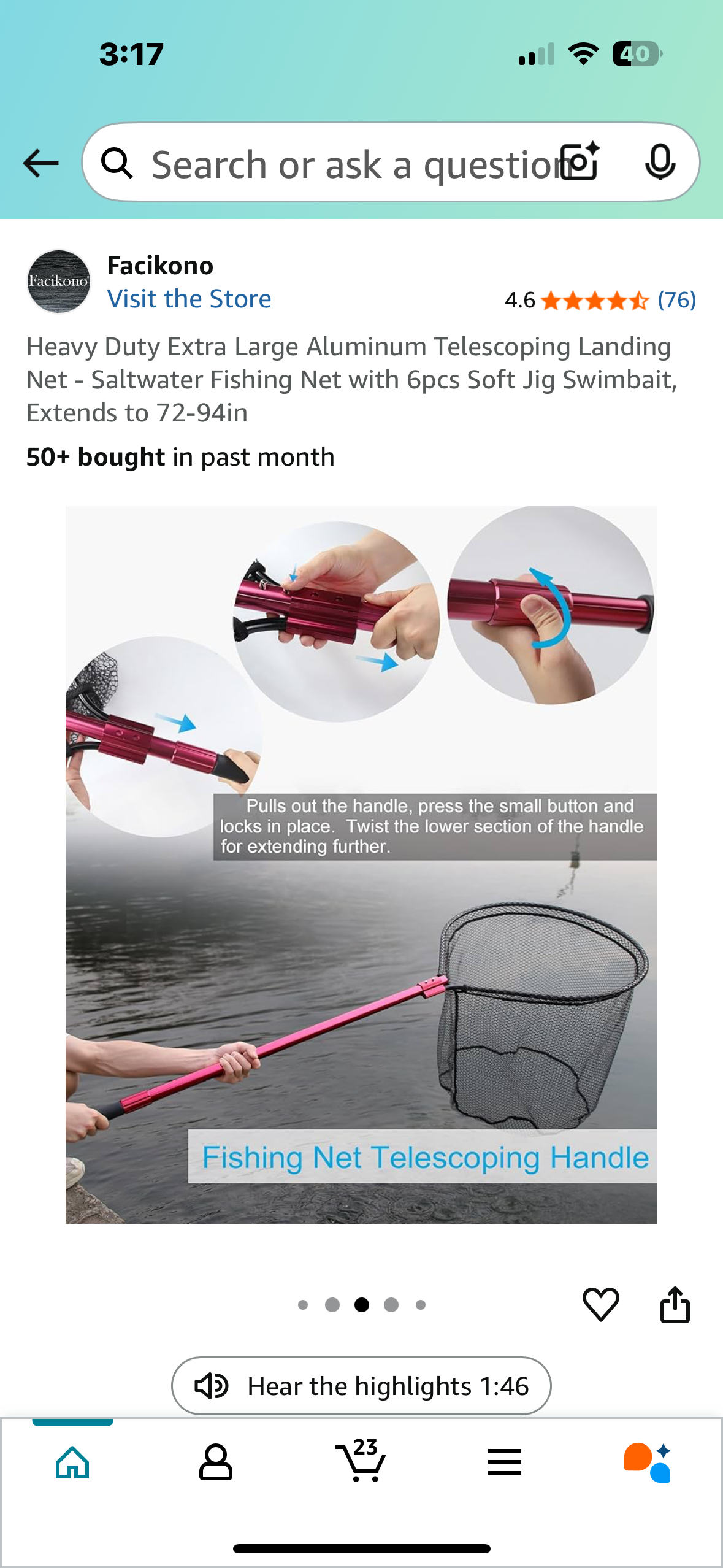 Heavy Duty Extra Large Aluminum Telescoping Landing Net - Saltwater Fishing Net with 6pcs Soft Jig Swimbait, Extends to 72-94in (W493)