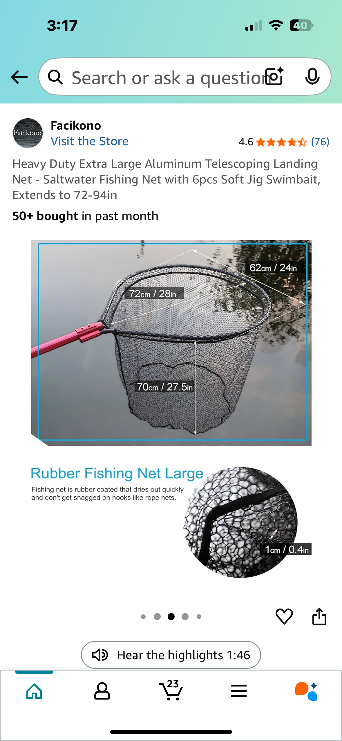 Heavy Duty Extra Large Aluminum Telescoping Landing Net - Saltwater Fishing Net with 6pcs Soft Jig Swimbait, Extends to 72-94in (W493)