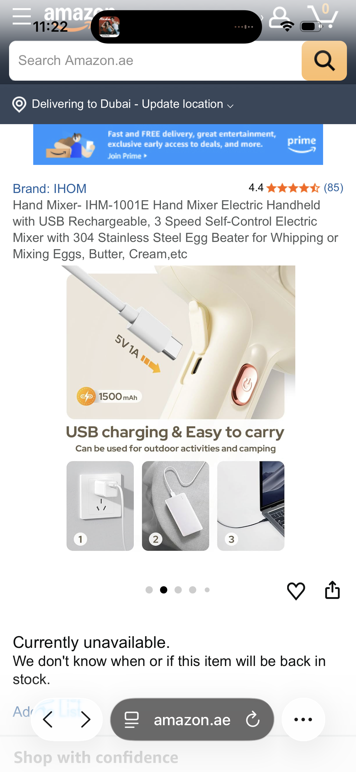 Hand Mixer- IHM-1001E Hand Mixer Electric Handheld with USB Rechargeable, 3 Speed Self-Control Electric Mixer with 304 Stainless Steel Egg Beater for Whipping or Mixing Eggs, Butter, Cream,etc