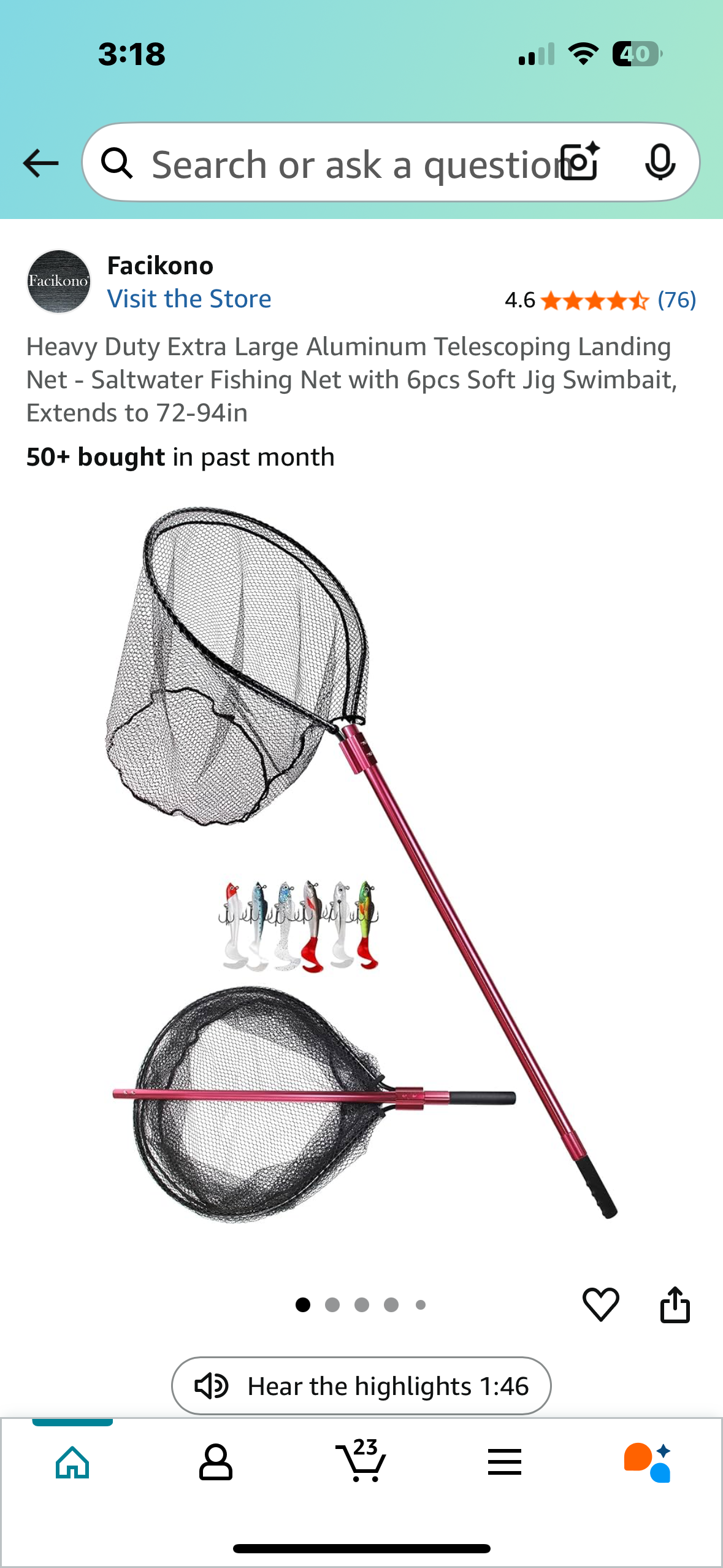 Heavy Duty Extra Large Aluminum Telescoping Landing Net - Saltwater Fishing Net with 6pcs Soft Jig Swimbait, Extends to 72-94in (W493)