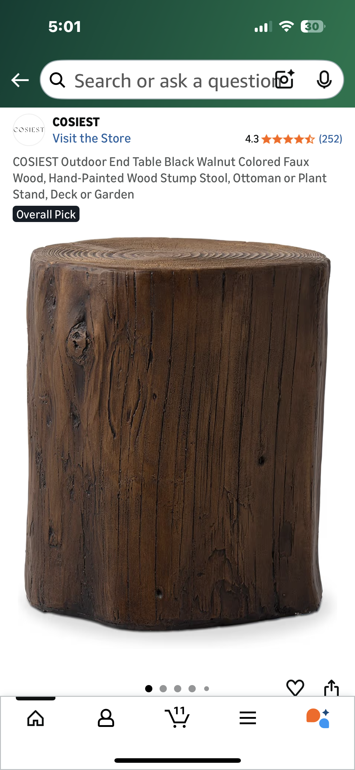 COSIEST Outdoor End Table Walnut Colored Faux Wood, Hand-Painted Wood Stump Stool, Ottoman or Plant Stand, Deck or Garden (L1092)