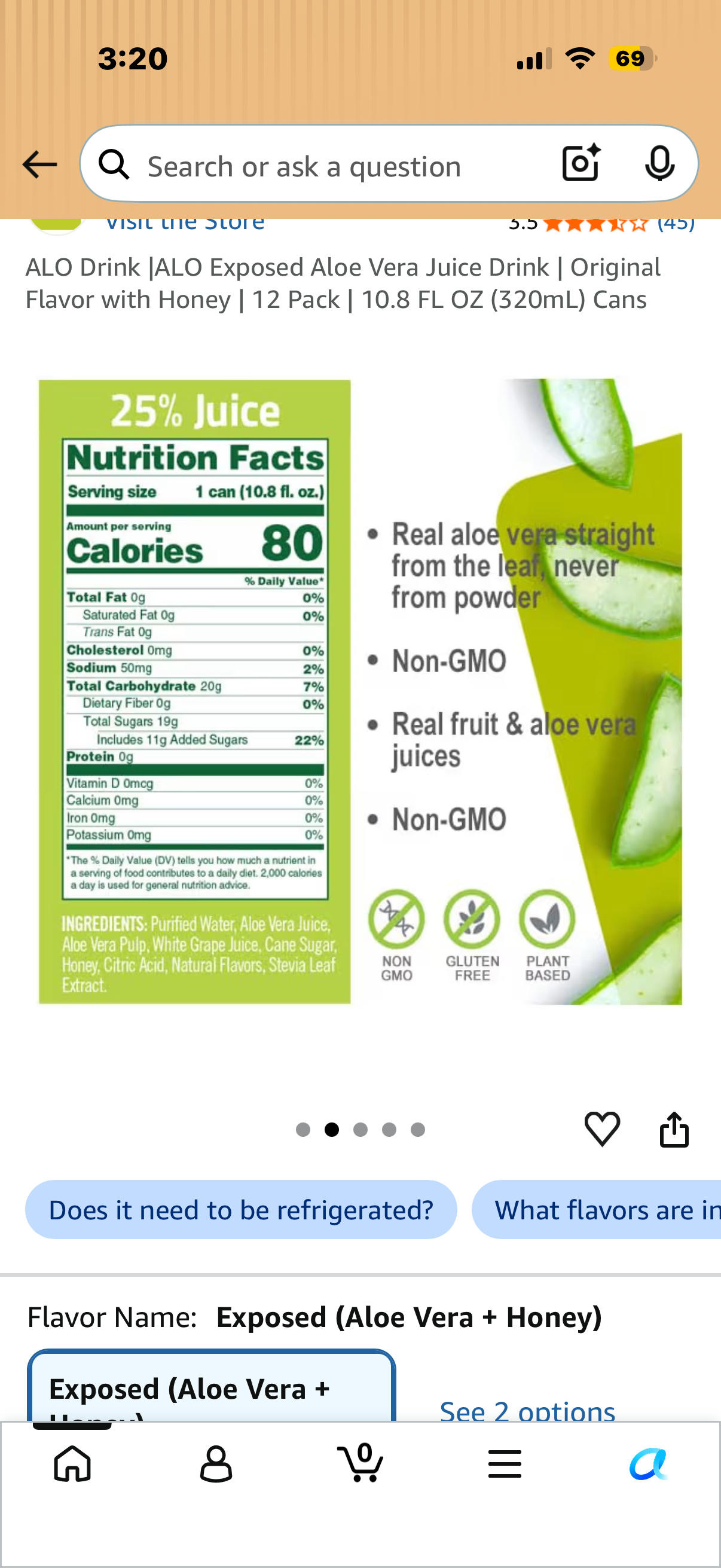 ALO Drink |ALO Exposed Aloe Vera Juice Drink | Original Flavor with Honey | 12 Pack | 10.8 FL OZ (320mL) Cans