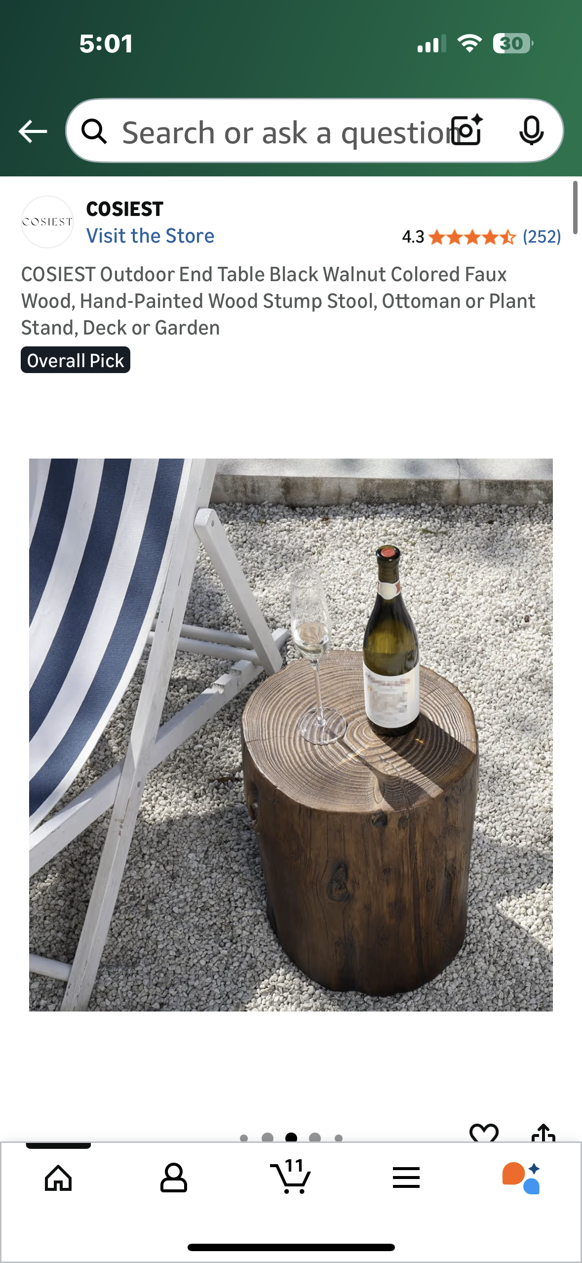 COSIEST Outdoor End Table Walnut Colored Faux Wood, Hand-Painted Wood Stump Stool, Ottoman or Plant Stand, Deck or Garden (L1092)