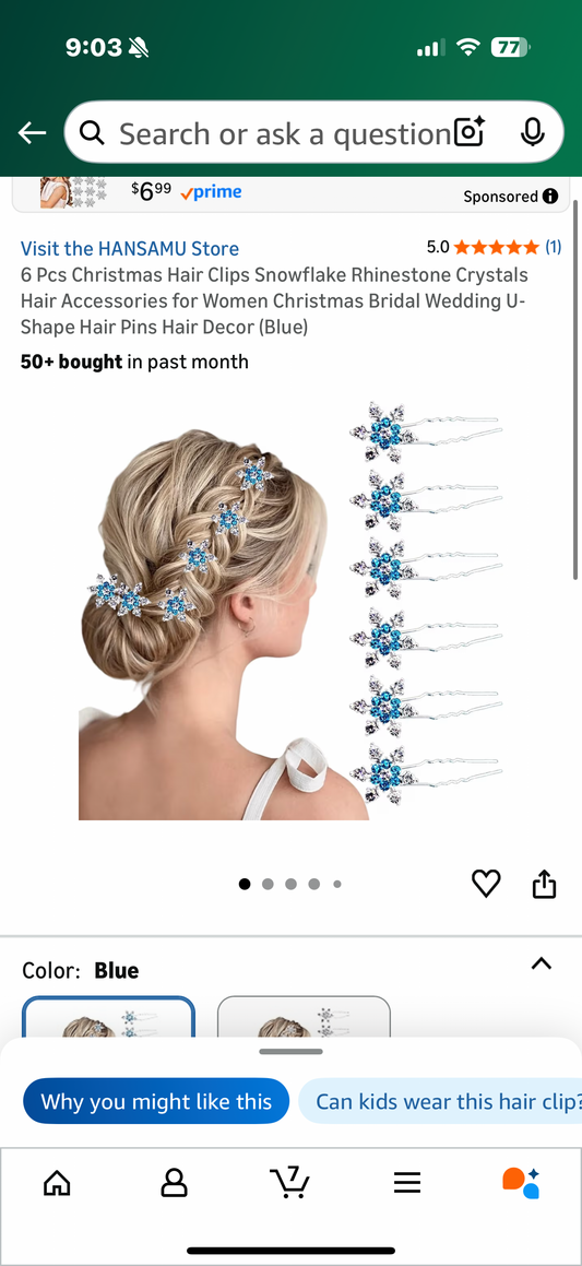 6 Pcs Christmas Hair Clips Snowflake Rhinestone Crystals Hair Accessories for Women Christmas Bridal Wedding U-Shape Hair Pins Hair Decor (Blue