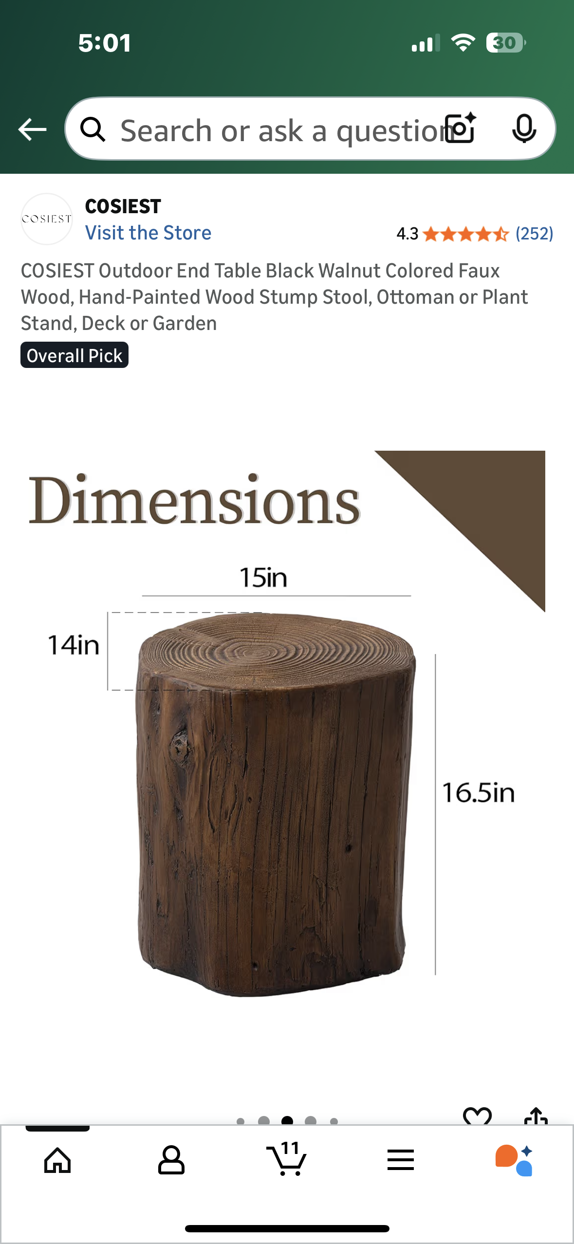 COSIEST Outdoor End Table Walnut Colored Faux Wood, Hand-Painted Wood Stump Stool, Ottoman or Plant Stand, Deck or Garden (L1092)