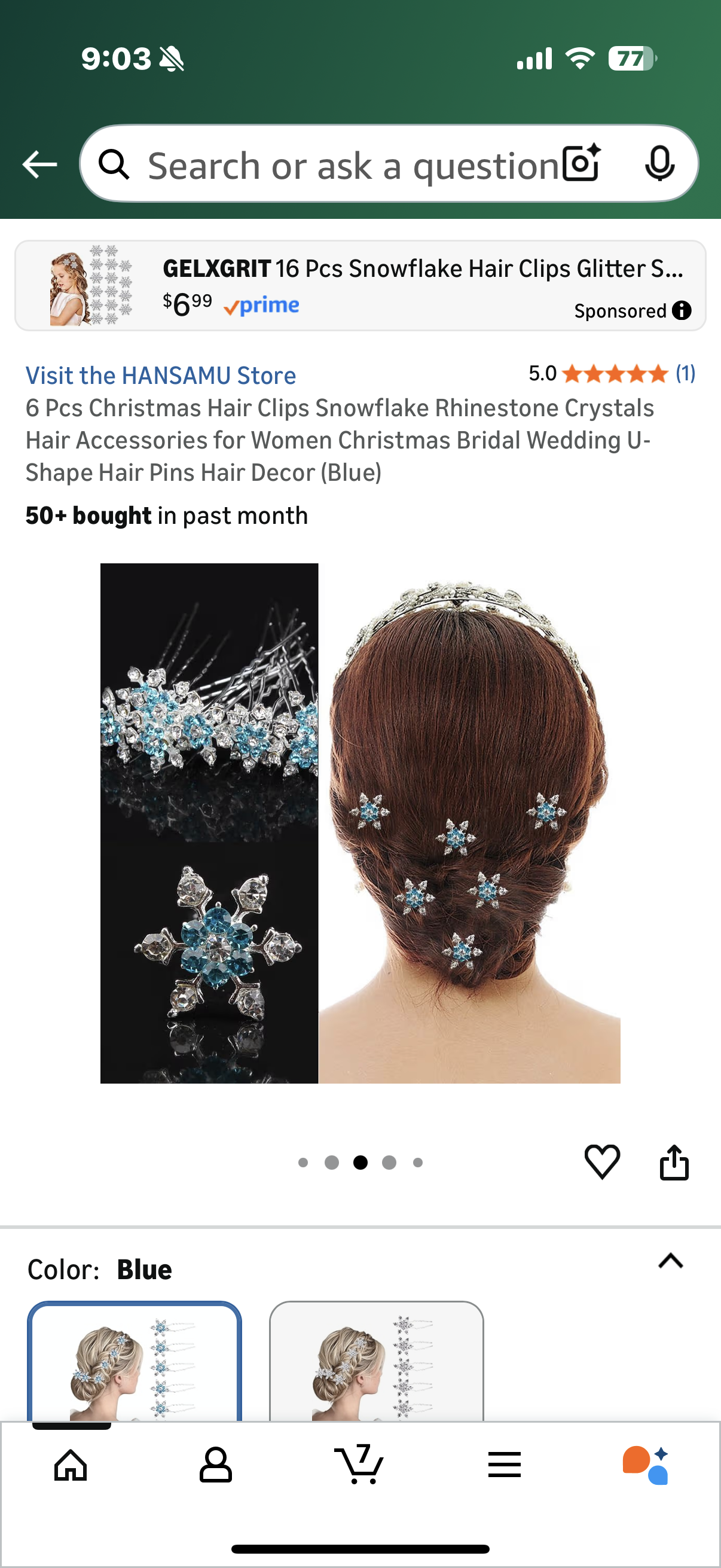6 Pcs Christmas Hair Clips Snowflake Rhinestone Crystals Hair Accessories for Women Christmas Bridal Wedding U-Shape Hair Pins Hair Decor (Blue