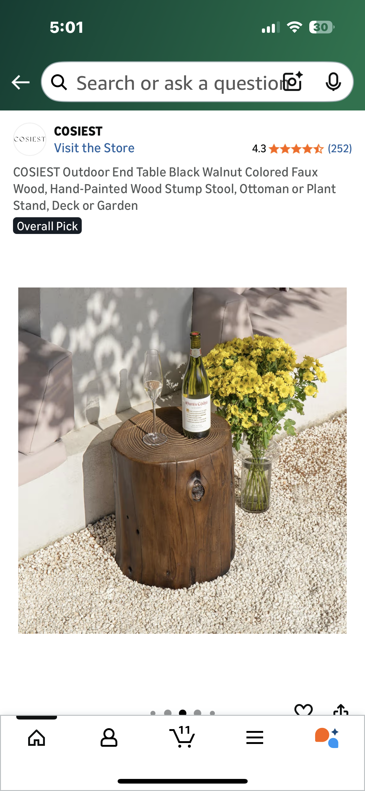 COSIEST Outdoor End Table Walnut Colored Faux Wood, Hand-Painted Wood Stump Stool, Ottoman or Plant Stand, Deck or Garden (L1092)