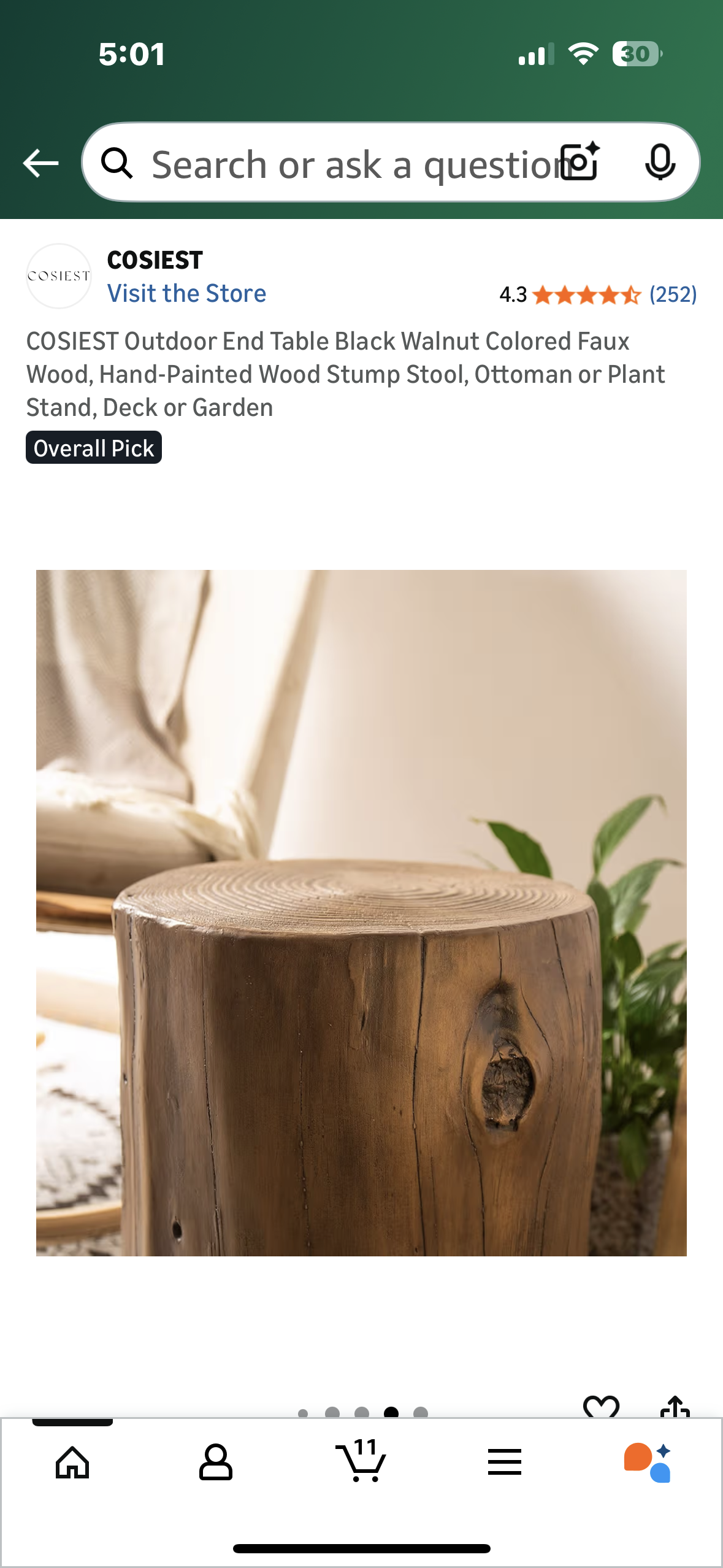 COSIEST Outdoor End Table Walnut Colored Faux Wood, Hand-Painted Wood Stump Stool, Ottoman or Plant Stand, Deck or Garden (L1092)