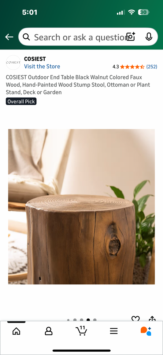 COSIEST Outdoor End Table Walnut Colored Faux Wood, Hand-Painted Wood Stump Stool, Ottoman or Plant Stand, Deck or Garden (L1092)