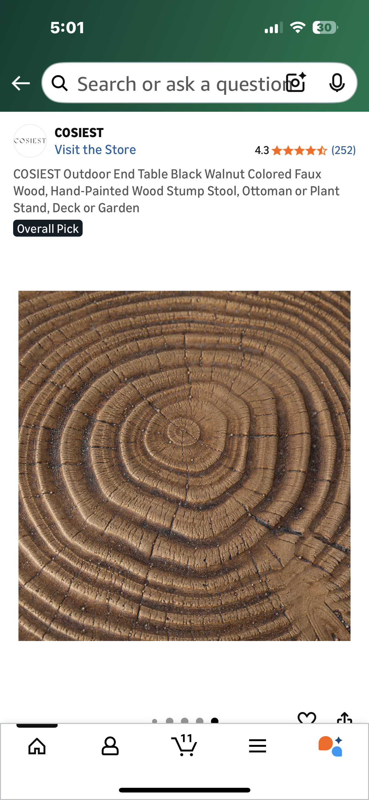 COSIEST Outdoor End Table Walnut Colored Faux Wood, Hand-Painted Wood Stump Stool, Ottoman or Plant Stand, Deck or Garden (L1092)