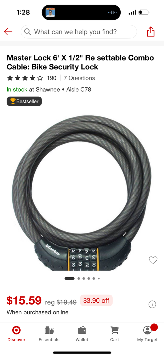 Master Lock 6' X 1/2" Re settable Combo Cable: Bike Security Lock
