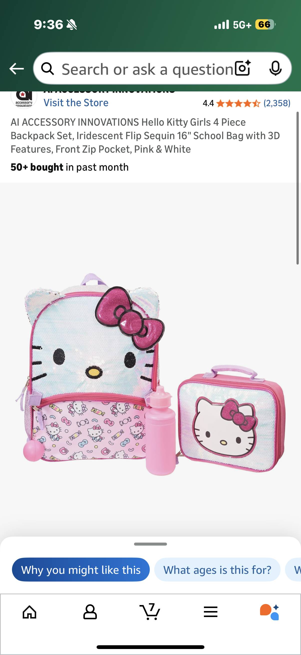 Hello Kitty Girls 4 Piece Backpack Set, Iridescent Flip Sequin 16" School Bag with 3D Features, Front Zip Pocket, Pink & White