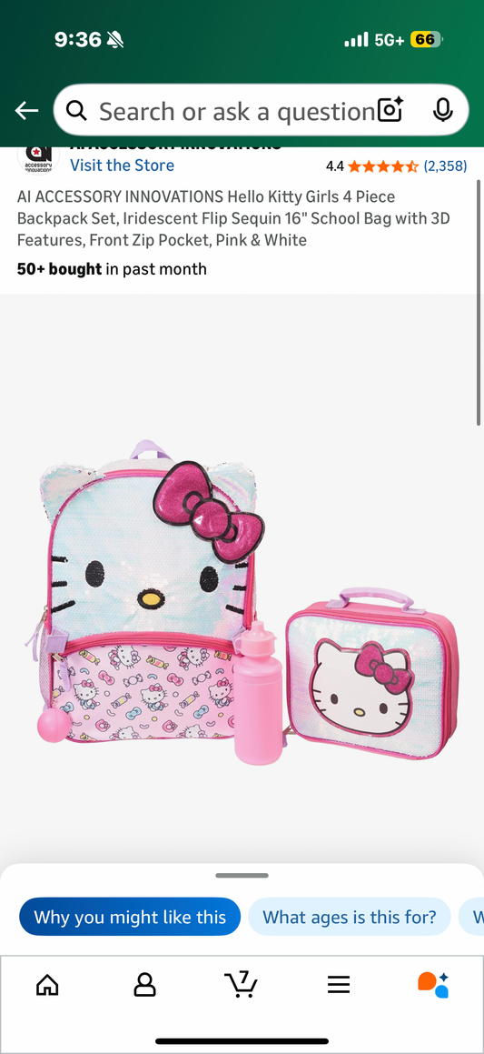 Hello Kitty Girls 4 Piece Backpack Set, Iridescent Flip Sequin 16" School Bag with 3D Features, Front Zip Pocket, Pink & White
