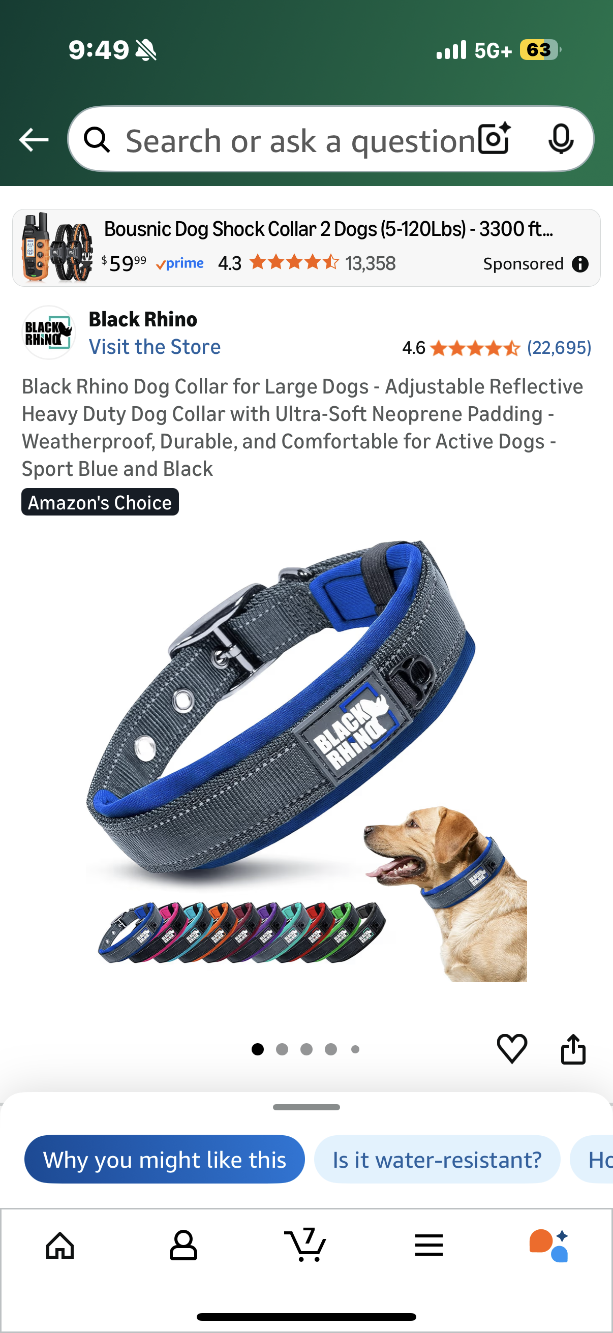 Black Rhino Dog Collar for Large Dogs - Adjustable Reflective Heavy Duty Dog Collar with Ultra-Soft Neoprene Padding - Weatherproof, Durable, and Comfortable for Active Dogs - Sport Blue and Black