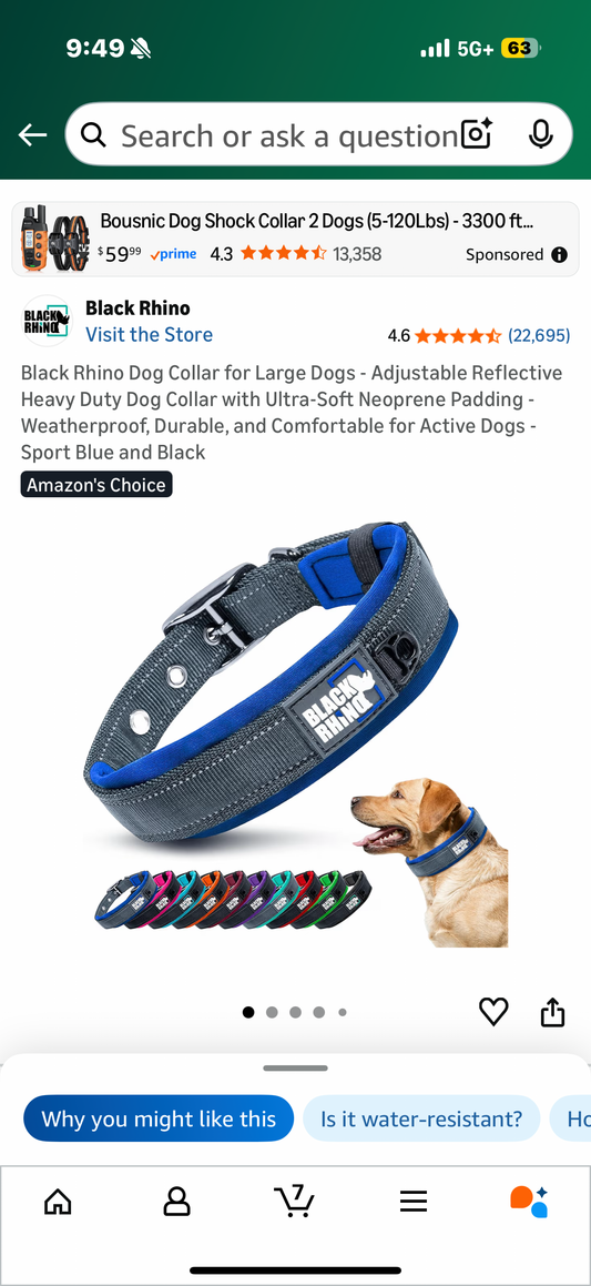 Black Rhino Dog Collar for Large Dogs - Adjustable Reflective Heavy Duty Dog Collar with Ultra-Soft Neoprene Padding - Weatherproof, Durable, and Comfortable for Active Dogs - Sport Blue and Black