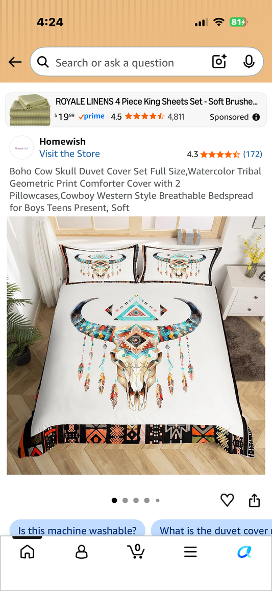 Boho Cow Skull Duvet Cover Set Full Size,Watercolor Tribal Geometric Print Comforter Cover with 2 Pillowcases,Cowboy Western Style Breathable Bedspread for Boys Teens Present, Soft