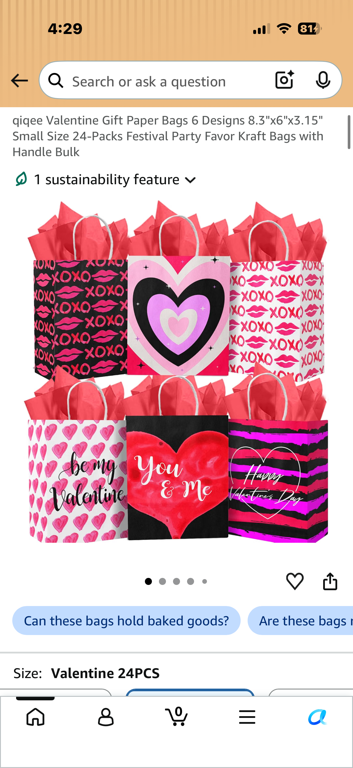 qiqee Valentine Gift Paper Bags 6 Designs 8.3"x6"x3.15" Small Size 24-Packs Festival Party Favor Kraft Bags with Handle Bulk