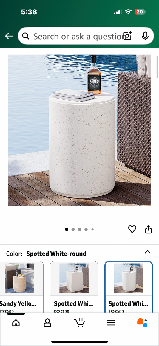 COSIEST Outdoor Side Table, Cylinder Shaped MgO Patio End Table, Lightweight Accent Table for Home, Garden, Deck, Spotted White (L1094)