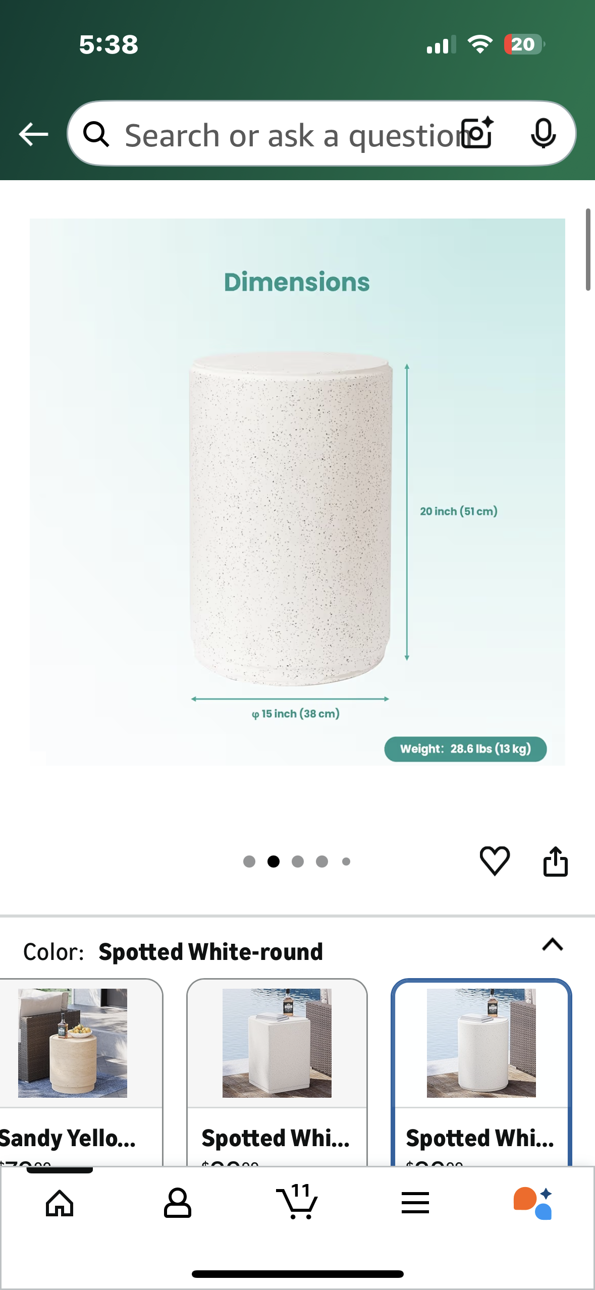 COSIEST Outdoor Side Table, Cylinder Shaped MgO Patio End Table, Lightweight Accent Table for Home, Garden, Deck, Spotted White (L1094)