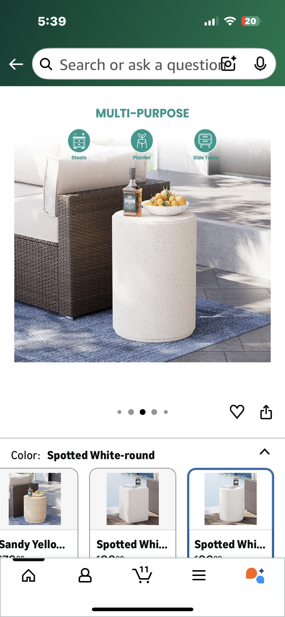 COSIEST Outdoor Side Table, Cylinder Shaped MgO Patio End Table, Lightweight Accent Table for Home, Garden, Deck, Spotted White (L1094)