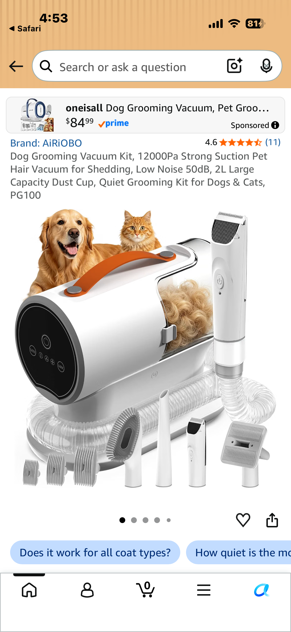 Dog Grooming Vacuum Kit, 12000Pa Strong Suction Pet Hair Vacuum for Shedding, Low Noise 50dB, 2L Large Capacity Dust Cup, Quiet Grooming Kit for Dogs & Cats, PG100
