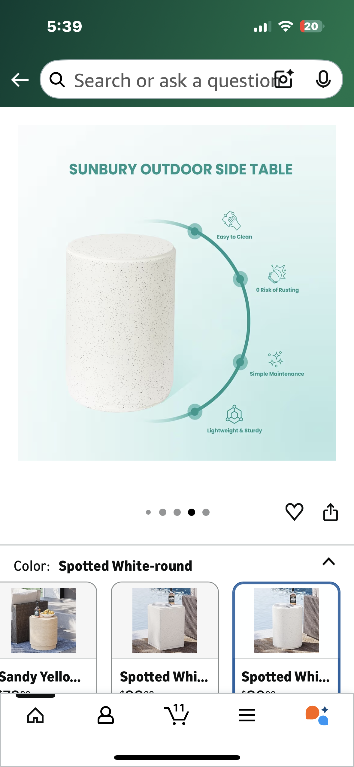 COSIEST Outdoor Side Table, Cylinder Shaped MgO Patio End Table, Lightweight Accent Table for Home, Garden, Deck, Spotted White (L1094)