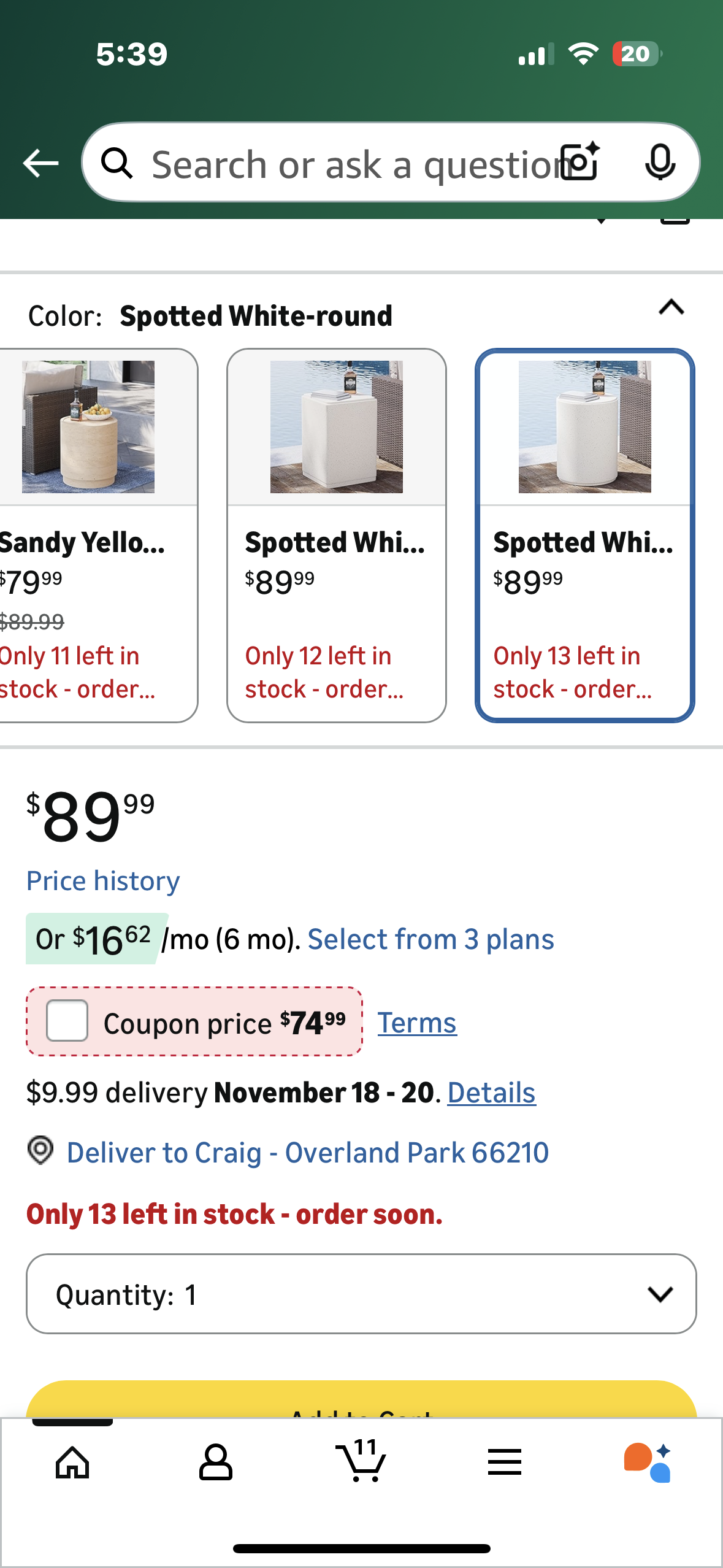 COSIEST Outdoor Side Table, Cylinder Shaped MgO Patio End Table, Lightweight Accent Table for Home, Garden, Deck, Spotted White (L1094)