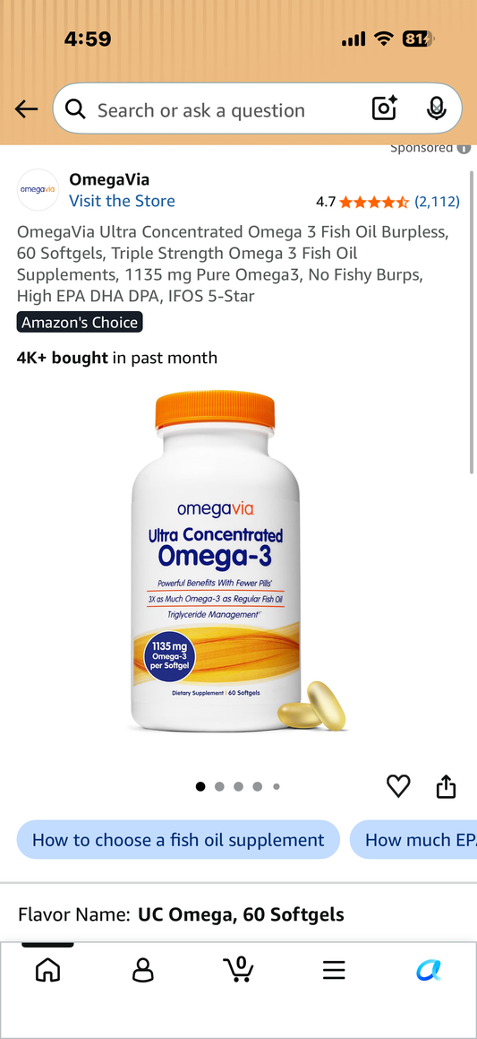 OmegaVia Ultra Concentrated Omega 3 Fish Oil Burpless, 60 Softgels, Triple Strength Omega 3 Fish Oil Supplements, 1135 mg Pure Omega3, No Fishy Burps, High EPA DHA DPA, IFOS 5-Star