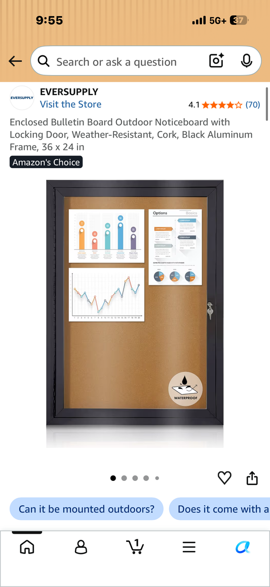 Enclosed Bulletin Board Outdoor Noticeboard with Locking Door, Weather-Resistant, Cork, Black Aluminum Frame, 36 × 24 in
