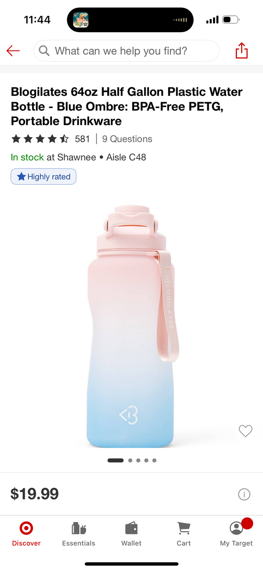 Blogilates 64oz Half Gallon Plastic Water Bottle - Blue Ombre: BPA-Free PETG, Portable Drinkware