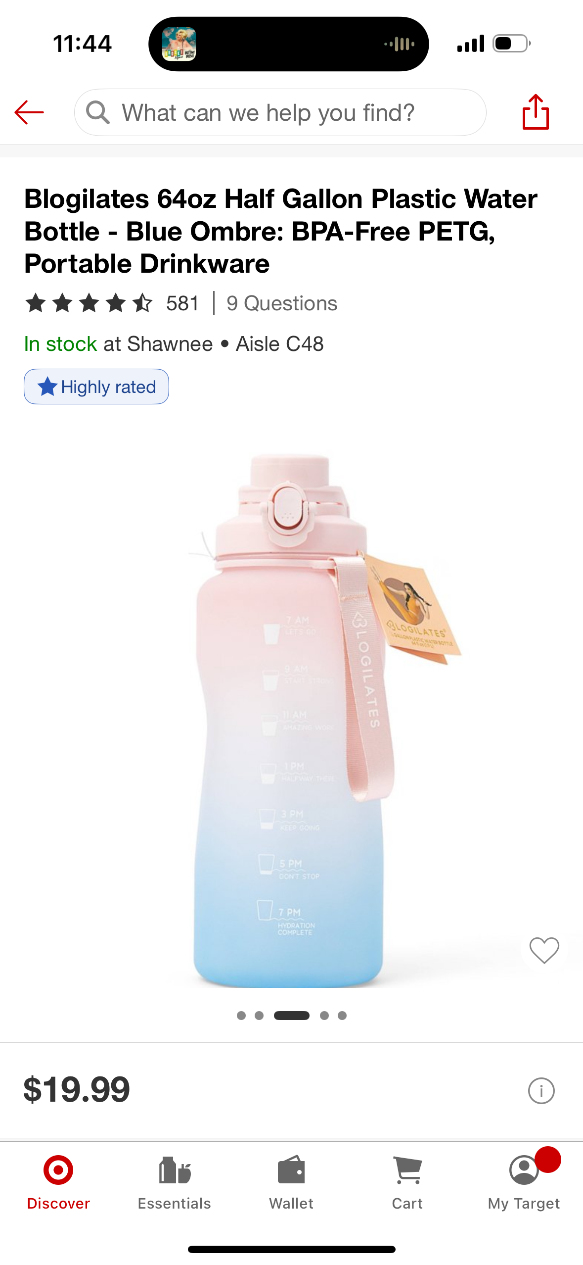 Blogilates 64oz Half Gallon Plastic Water Bottle - Blue Ombre: BPA-Free PETG, Portable Drinkware
