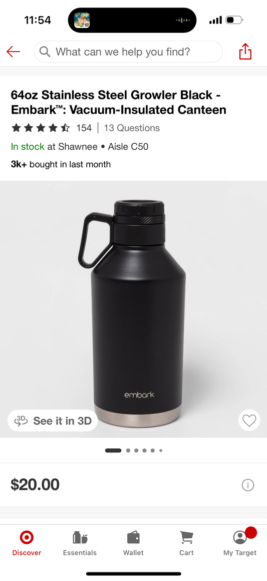 64oz Stainless Steel Growler Black - Embark™: Vacuum-Insulated Canteen
