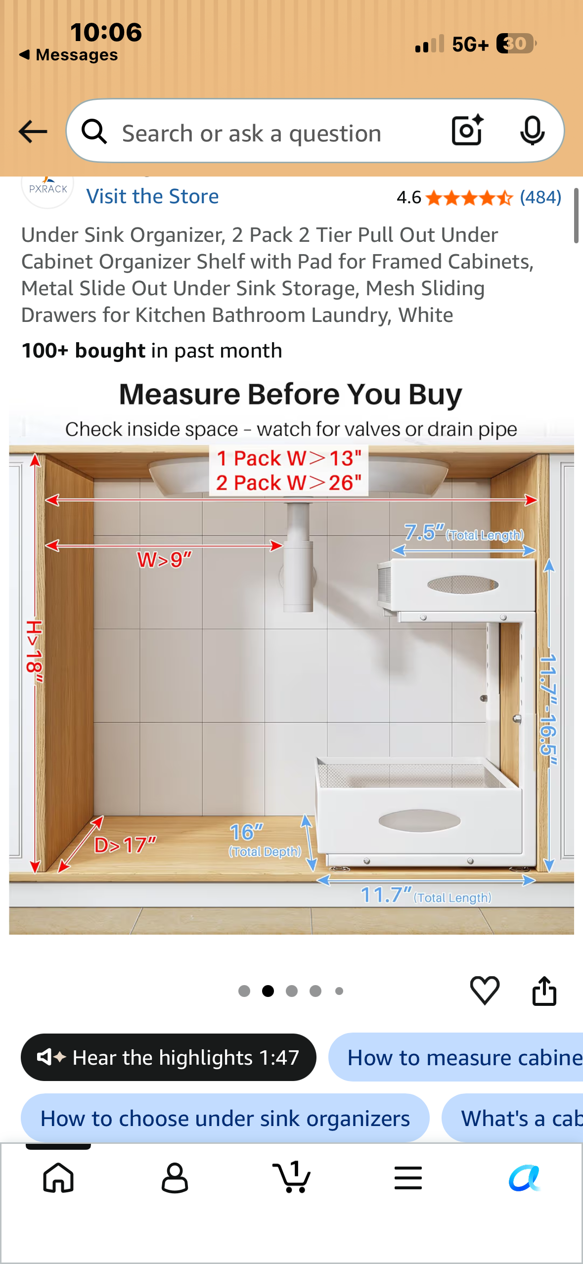 Under Sink Organizer, 2 Pack, 2 Tier Pull Out Under Cabinet Organizer Shelf with Pad, Metal Slide Out Under Sink Storage, Mesh Sliding Drawers for Kitchen Bathroom Laundry, White