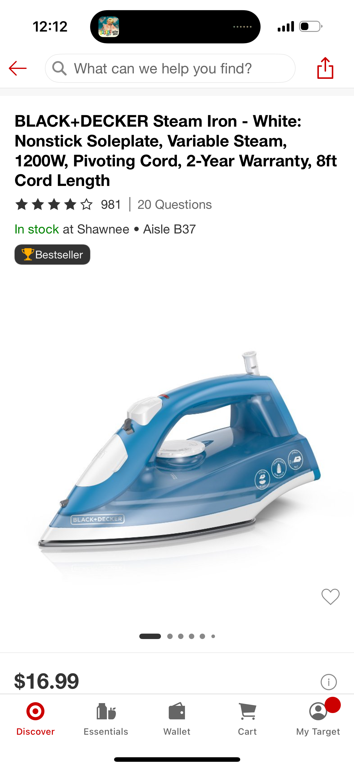 BLACK+DECKER Steam Iron - White: Nonstick Soleplate, Variable Steam, 1200W, Pivoting Cord, 2-Year Warranty, 8ft Cord Length