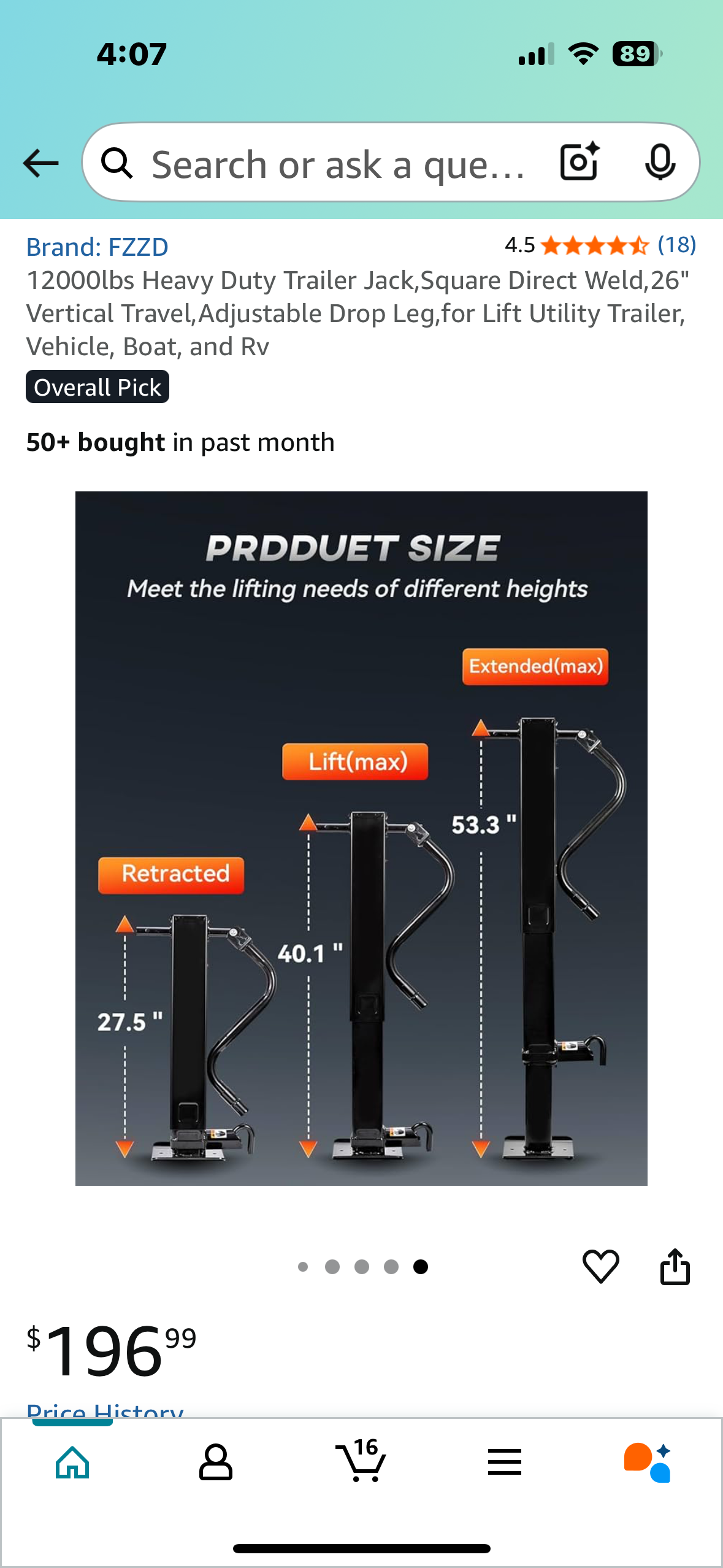12000lbs Heavy Duty Trailer Jack,Square Direct Weld,26" Vertical Travel,Adjustable Drop Leg,for Lift Utility Trailer, Vehicle, Boat, and Rv (G838)